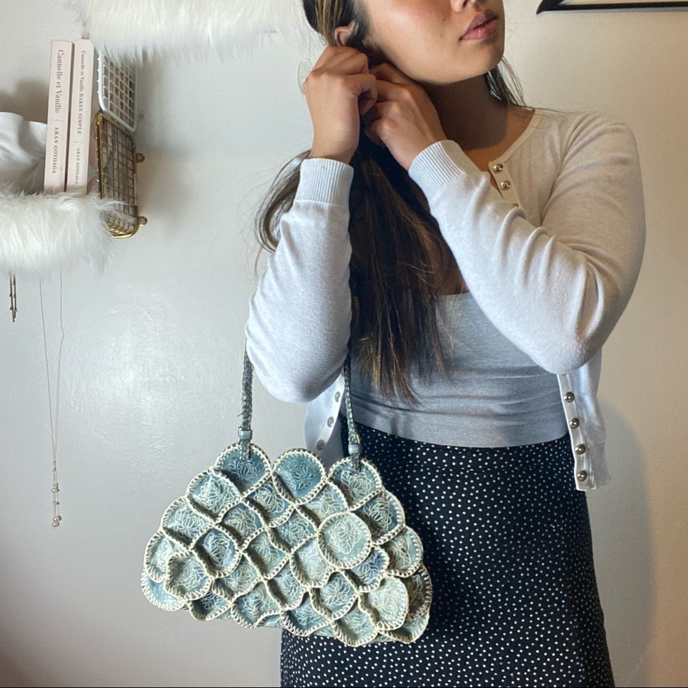 BOHo scalloped mermaid Turquoise vintage Sabina Ny handbag. Scalloped with roses
